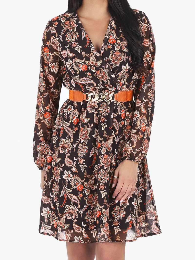 Kurzes, ausgestelltes Kleid mit Paisley-Print - Schwarz