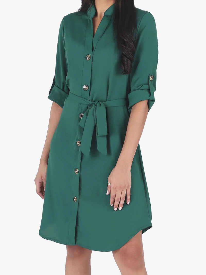 Hemdblusenkleid mit langen Ärmeln und Knöpfen - Grün