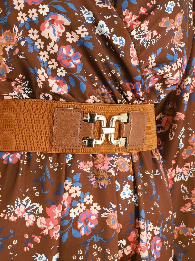 Satinkleid mit Blumenmuster und Wickelkragen - Braun