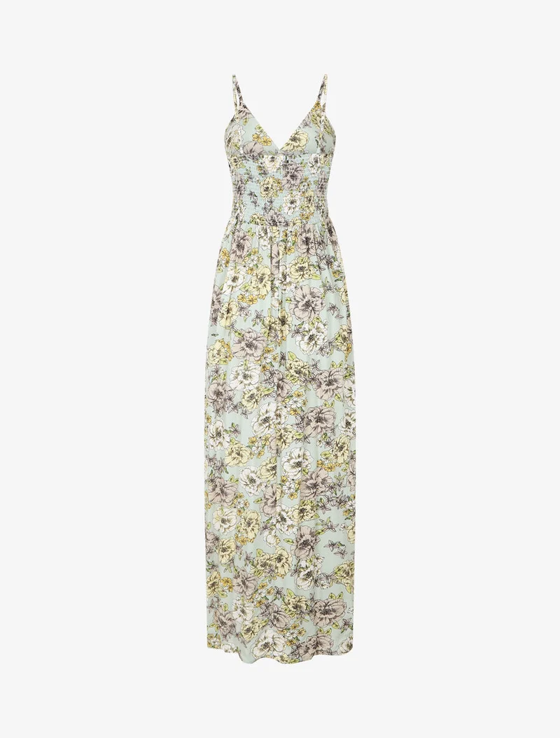 Langes Kleid mit Mehrblumendruck - Wassergrün