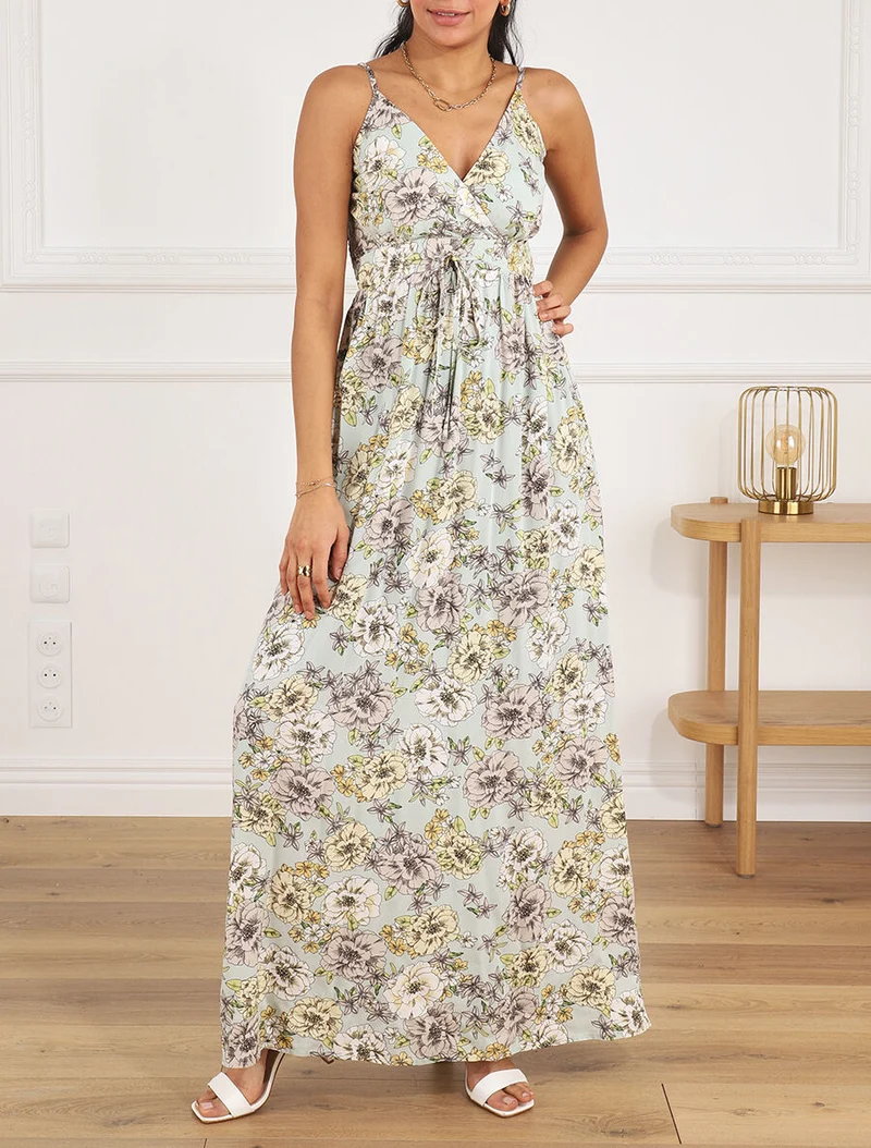 Langes Kleid mit Mehrblumendruck - Wassergrün