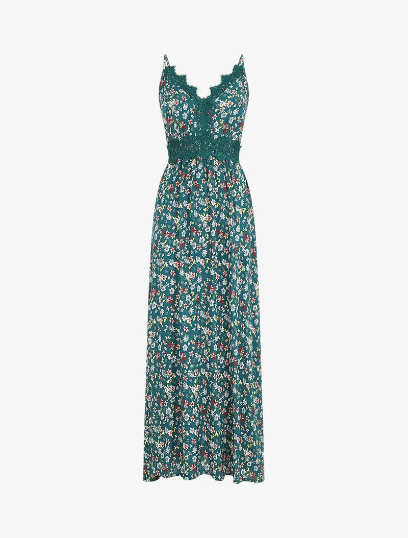Langes Kleid mit Spitzenkragen und Blumenmuster - Grün