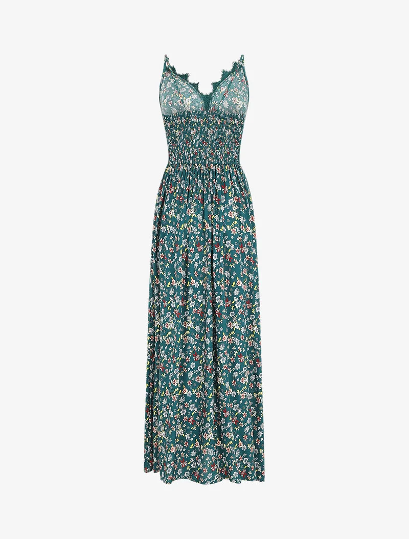 Langes Kleid mit Spitzenkragen und Blumenmuster - Grün