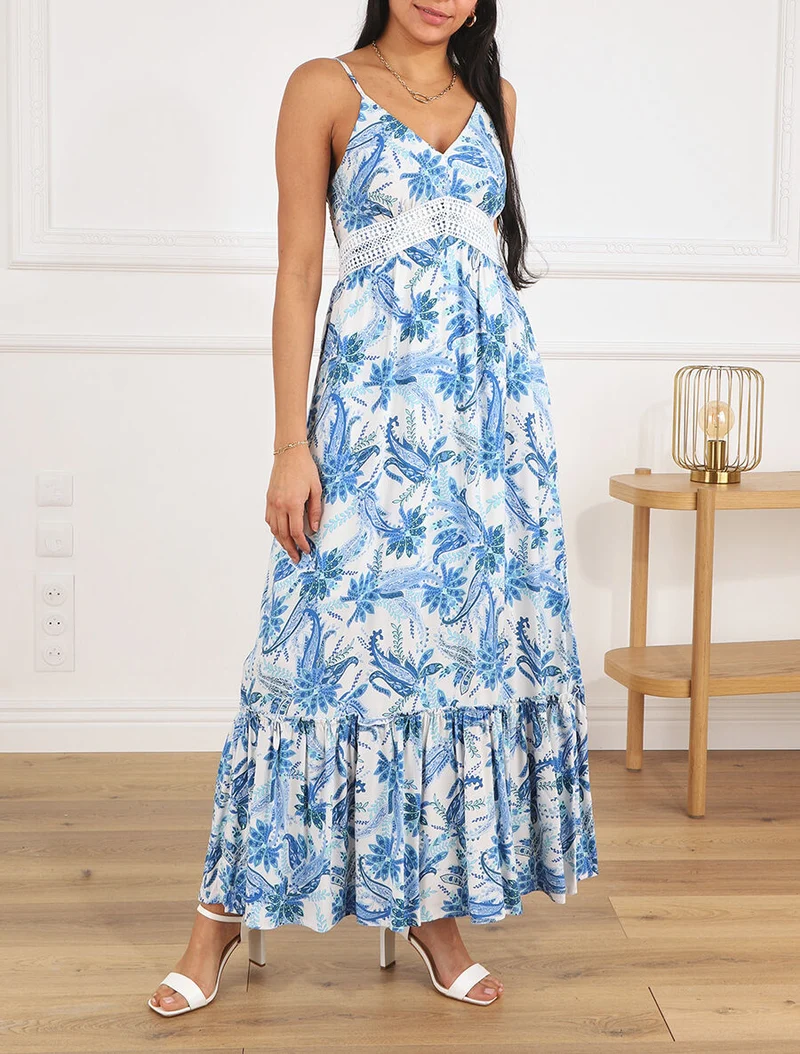 Kleid mit Schaldruck und Volant-Saum - Blau