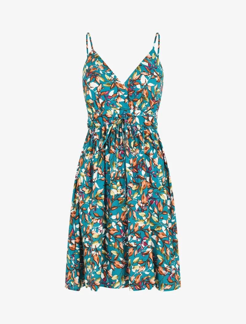 Midikleid mit Blätterdruck - Entenblau
