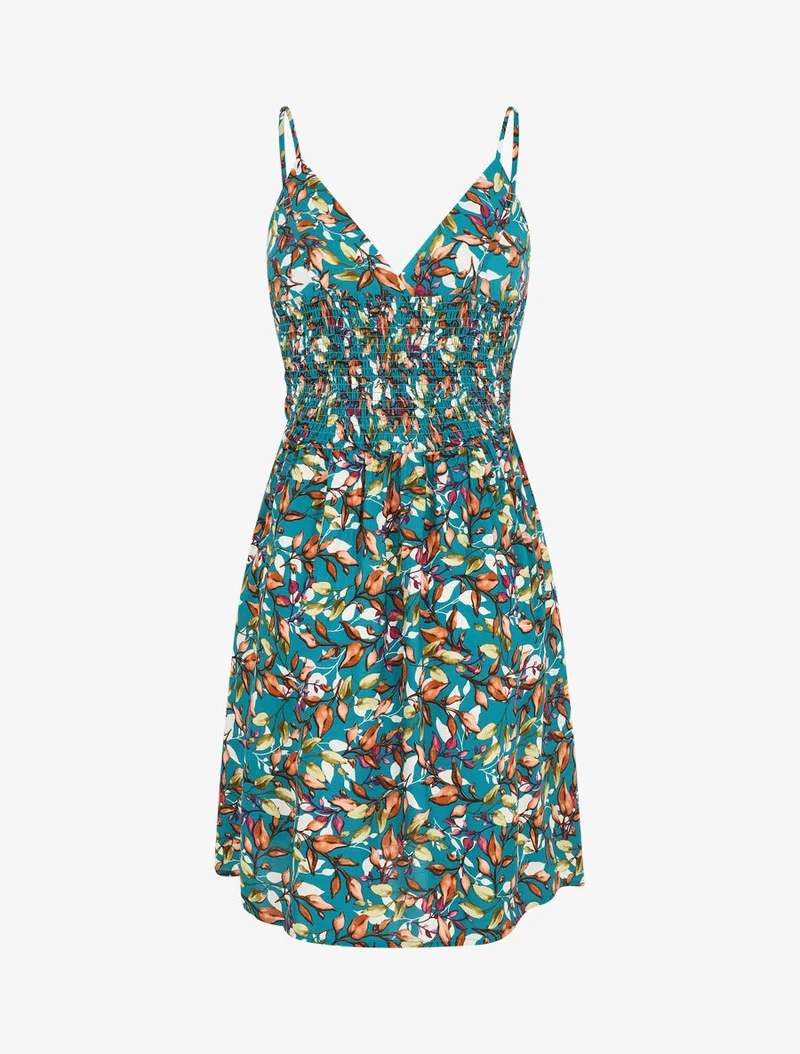 Midikleid mit Blätterdruck - Entenblau