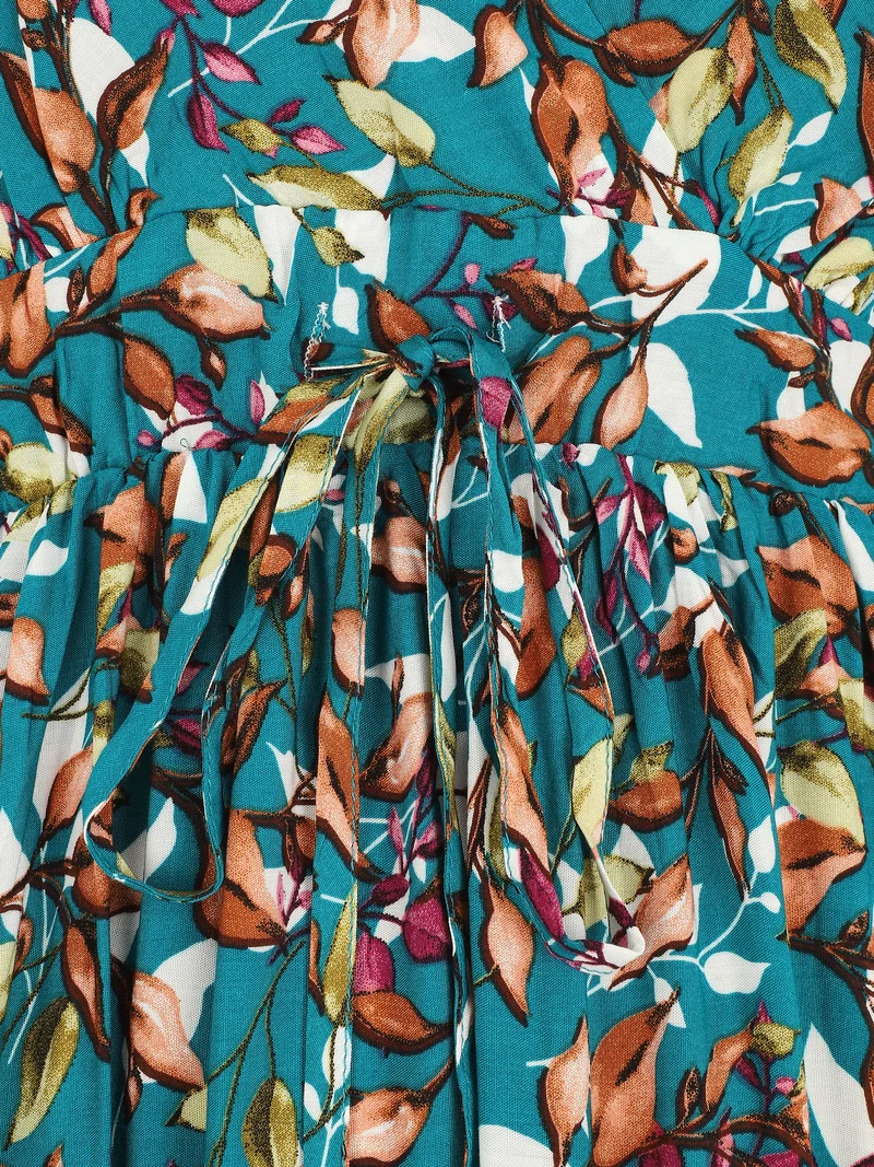 Midikleid mit Blätterdruck - Entenblau
