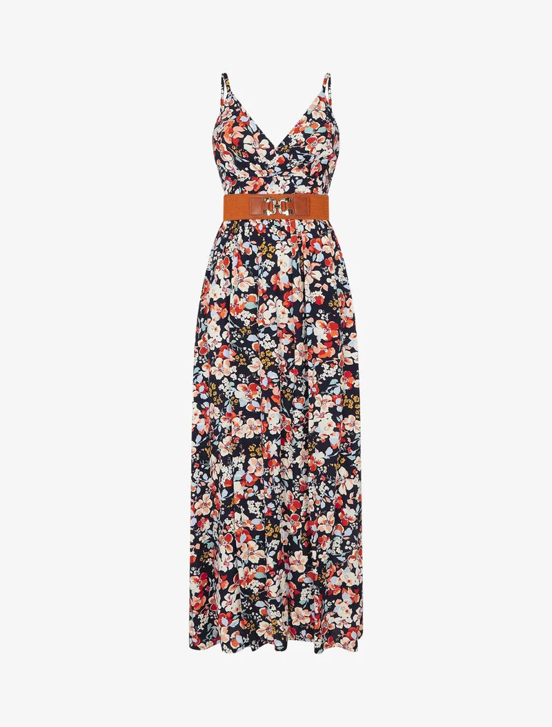 Langes Kleid mit Frühlingsblumendruck - Marine