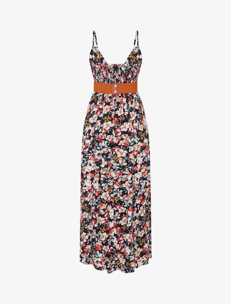 Langes Kleid mit Frühlingsblumendruck - Marine