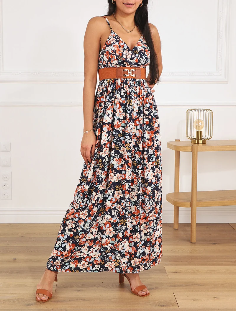 Langes Kleid mit Frühlingsblumendruck - Marine