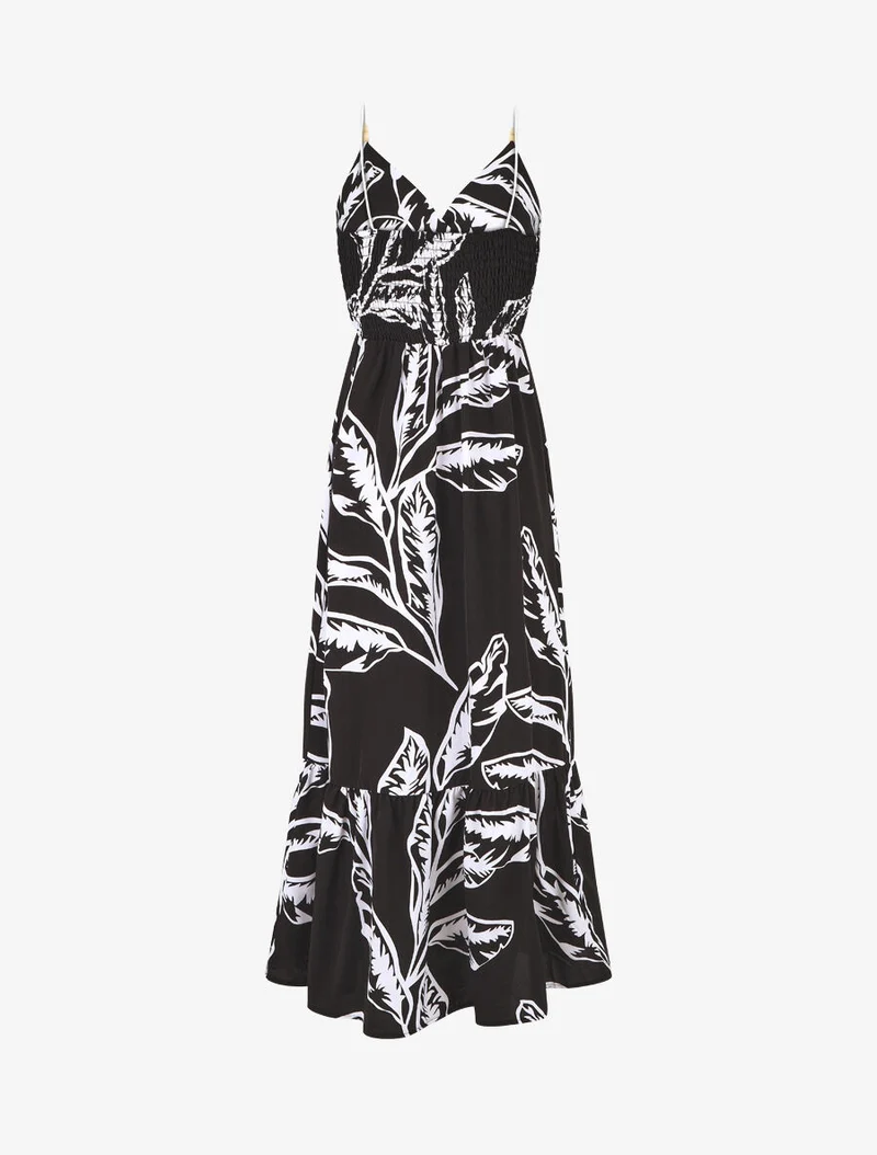 Trägerkleid im Seilstil mit großem Blätterdruck - Schwarz