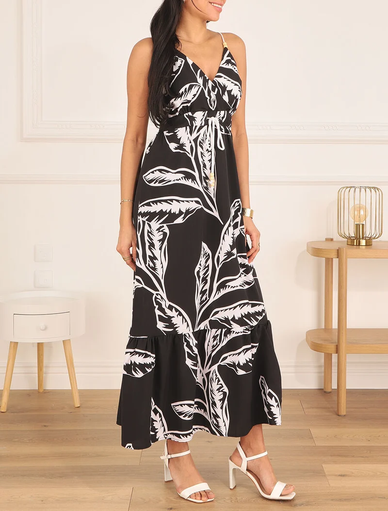 Trägerkleid im Seilstil mit großem Blätterdruck - Schwarz