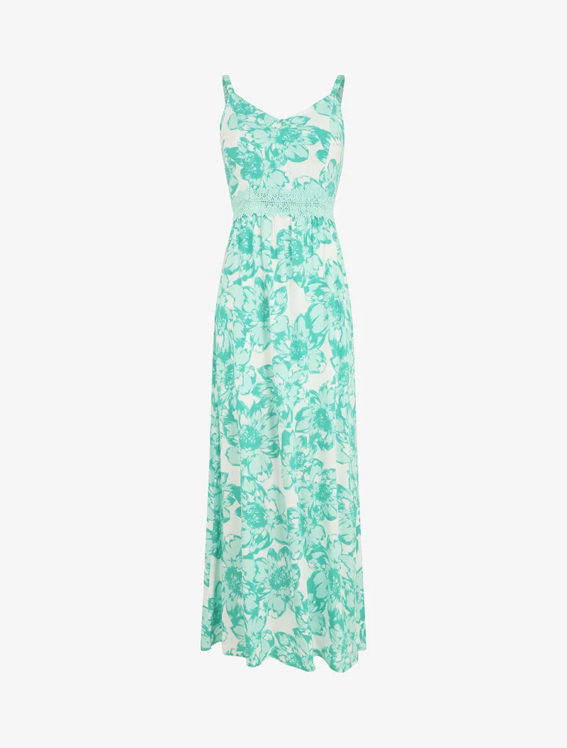 Langes Kleid mit Blumenmuster und Spitze - Grün