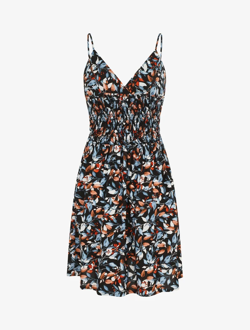 Midikleid mit Blätterdruck - Mitternachtsblau