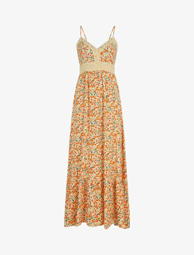 Langes Kleid mit Spitzenkragen und Blumenmuster. - Beige
