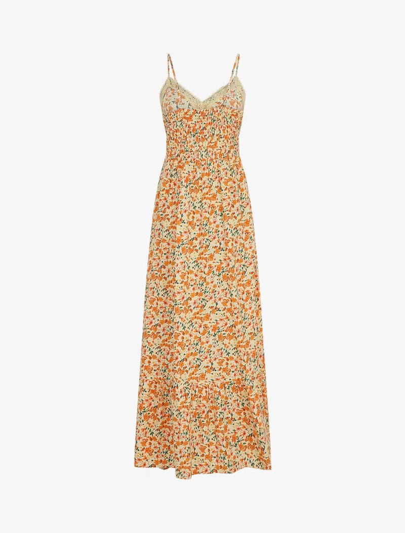 Langes Kleid mit Spitzenkragen und Blumenmuster. - Beige