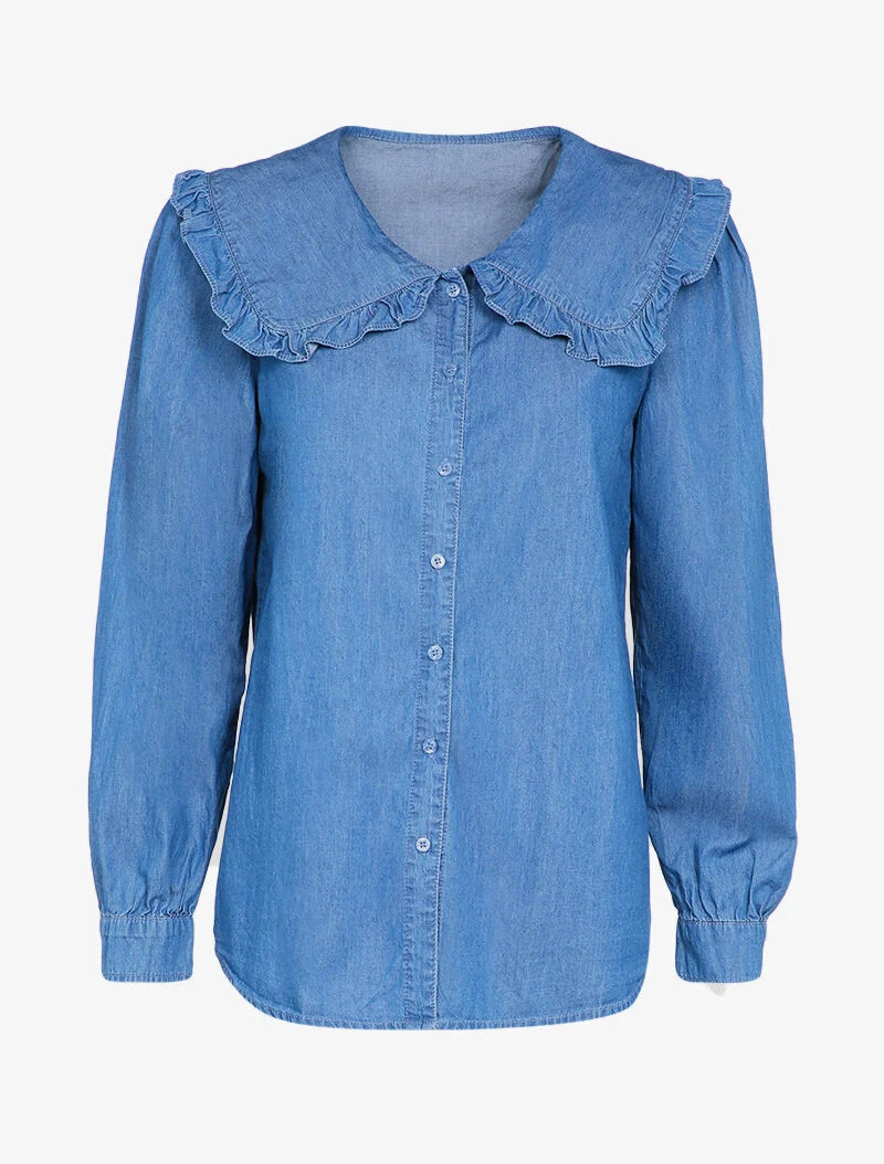 Jeanshemd mit Rüschenkragen - Denimblau