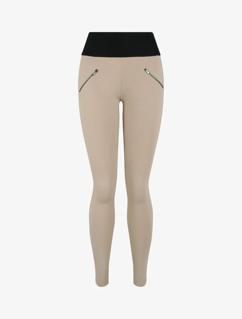 Texturierte Leggings mit kleinem Reißverschluss an der Taille - Beige