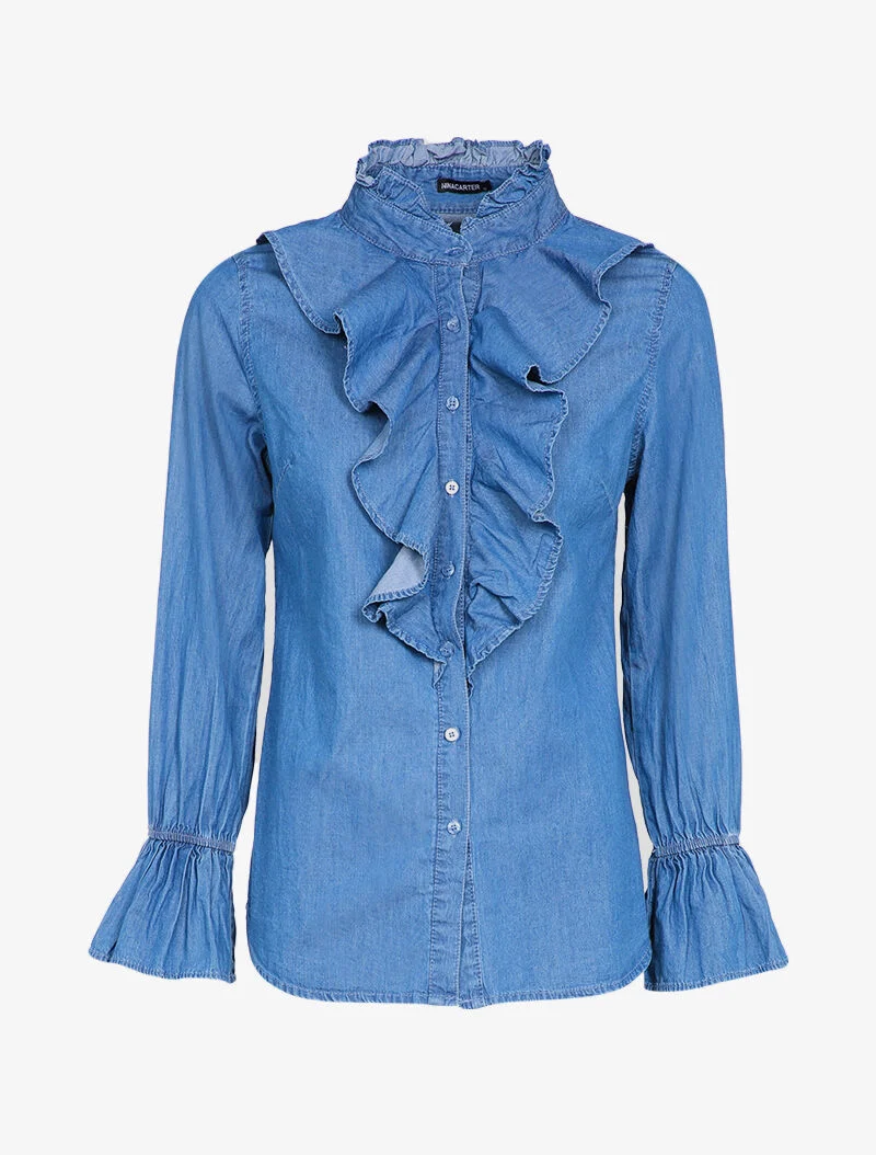 Jeanshemd mit Volantsäume - Denimblau