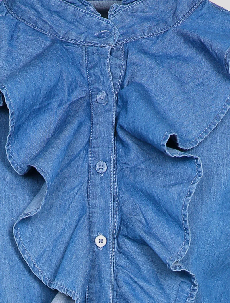 Jeanshemd mit Volantsäume - Denimblau