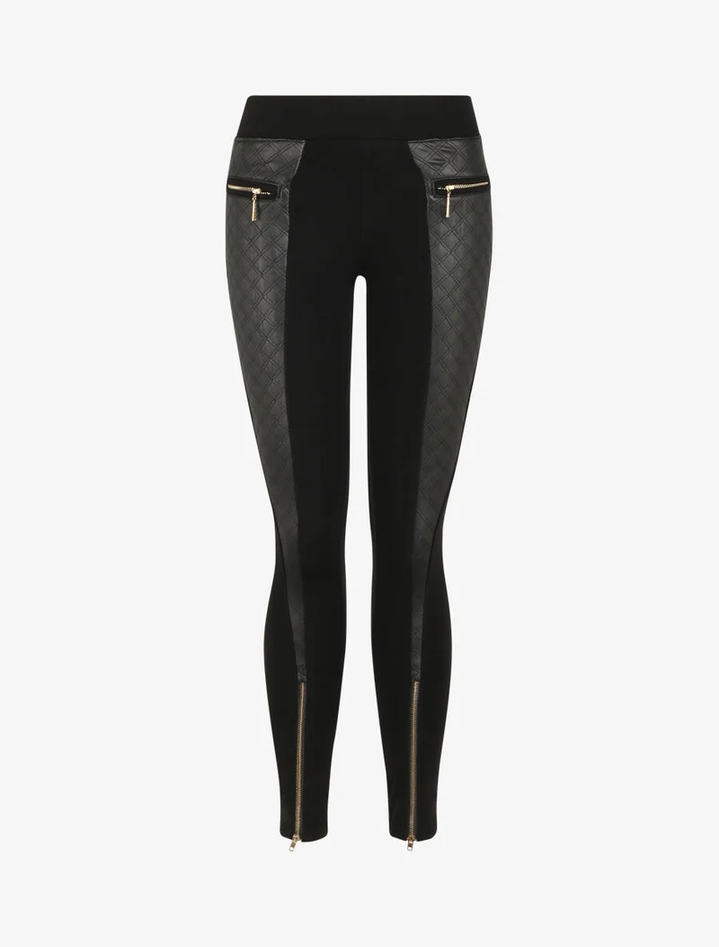Ultra-skinny Reißverschluss-Leggings aus zwei Materialien - Schwarz