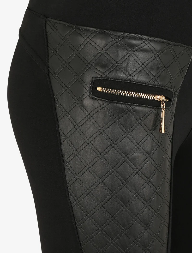 Ultra-skinny Reißverschluss-Leggings aus zwei Materialien - Schwarz