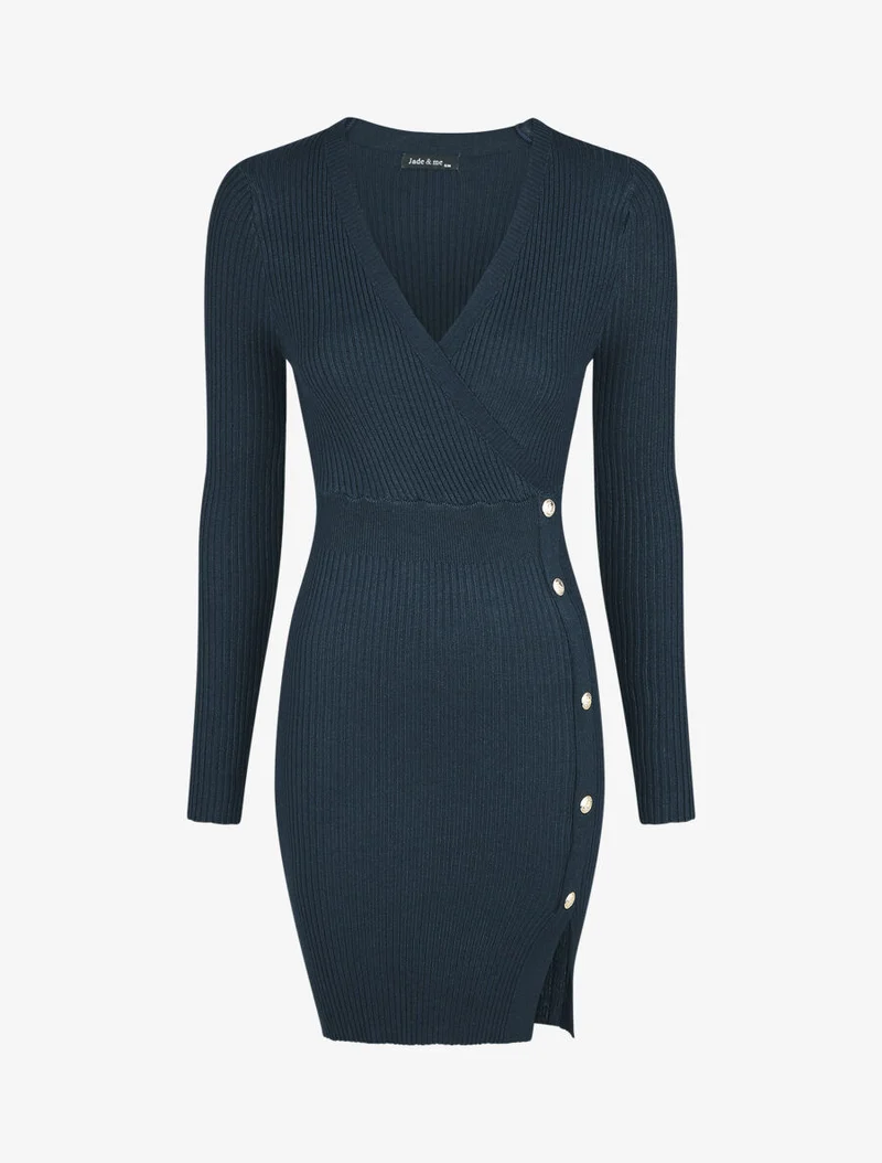 Figurbetontes Rippenkleid mit Wickelausschnitt - Marine