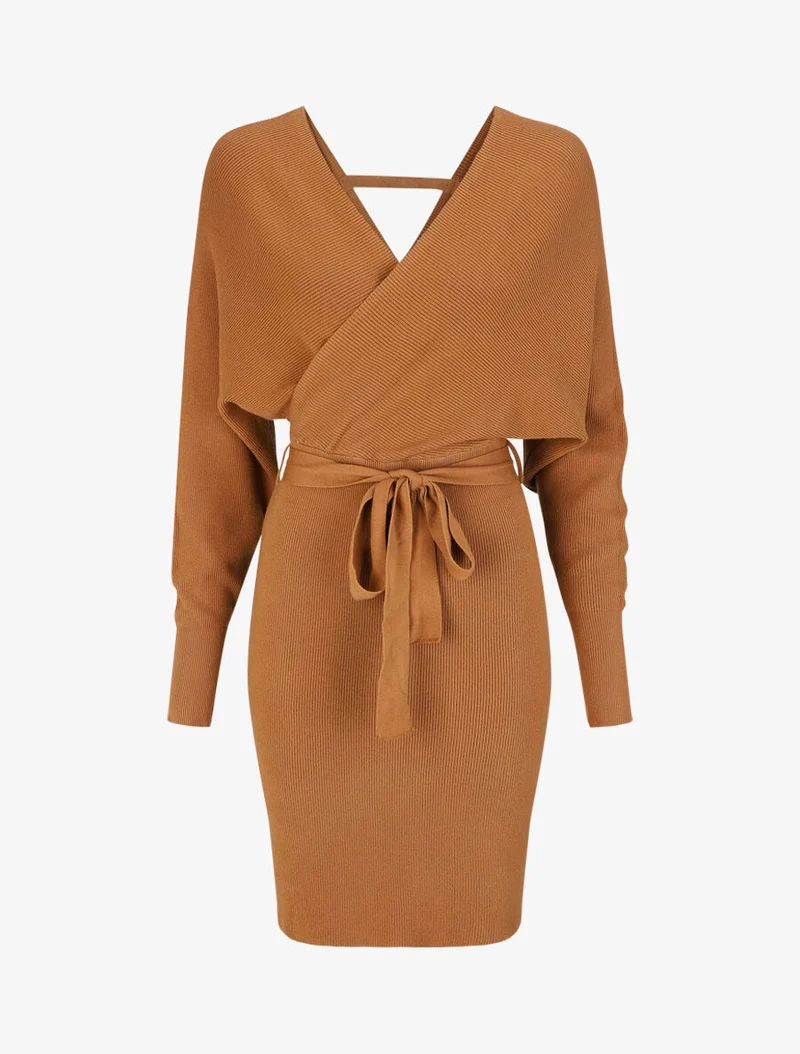 Langärmliges Strick-Midikleid - Kamel