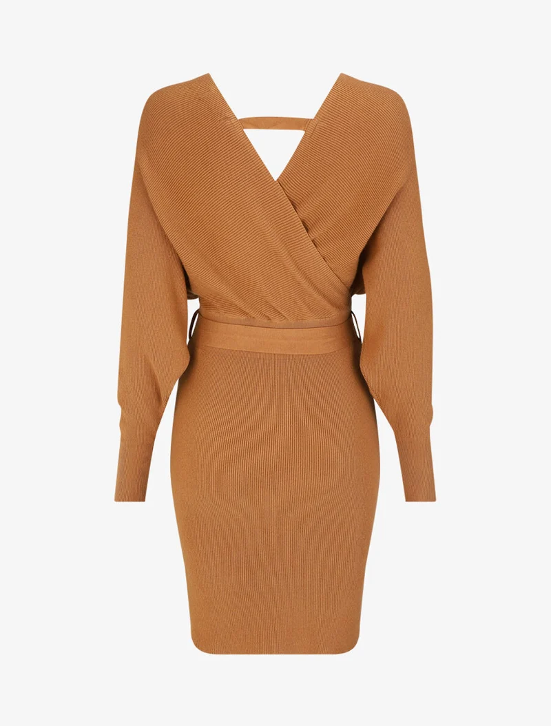 Langärmliges Strick-Midikleid - Kamel