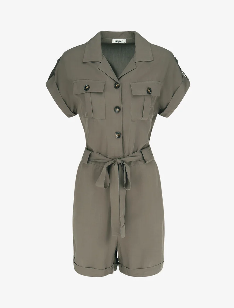 Gerade geschnittener einfarbiger Jumpsuit mit kurzen Ärmeln - Kaki