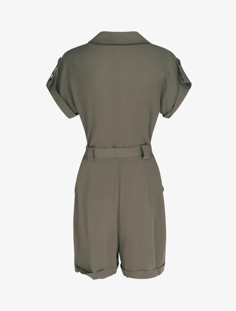 Gerade geschnittener einfarbiger Jumpsuit mit kurzen Ärmeln - Kaki