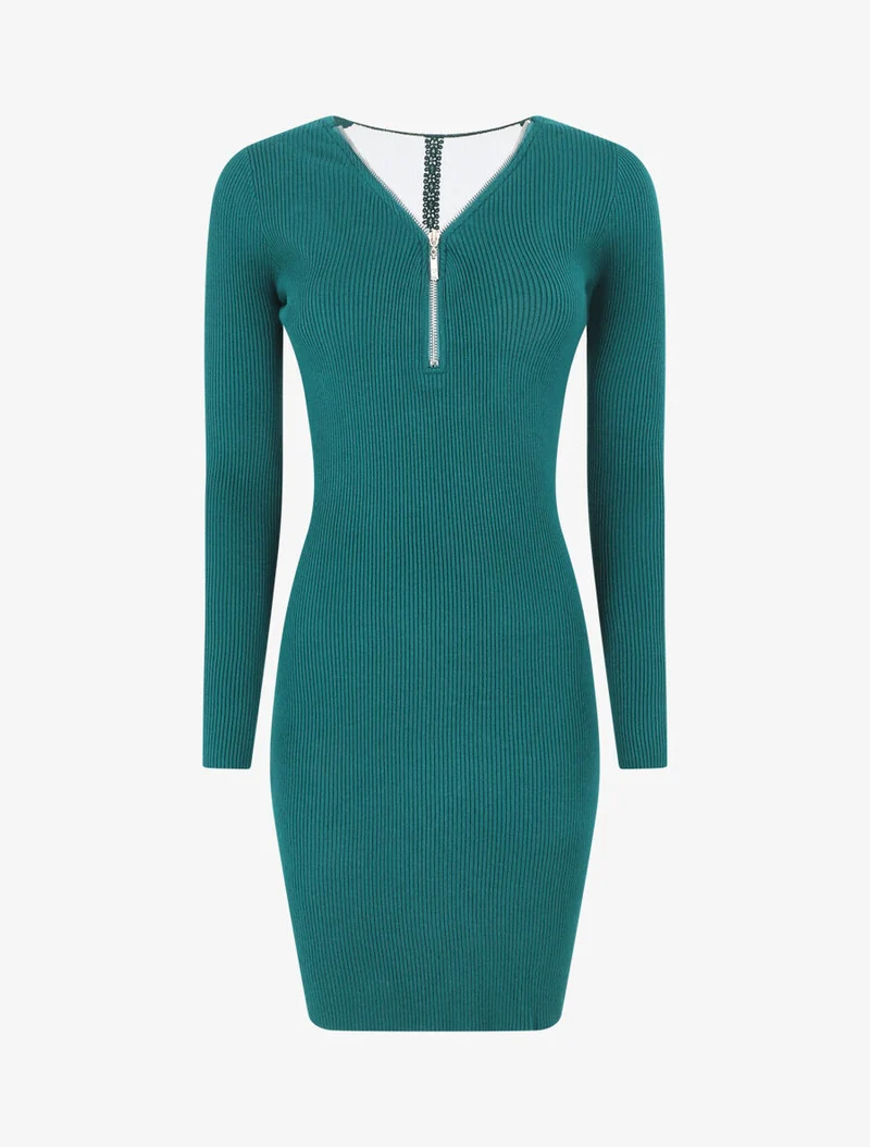 Geripptes Strickkleid mit offener Rückenpartie - Grün