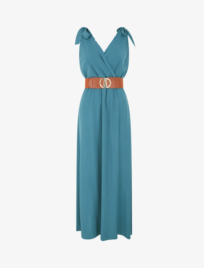 Langes Kleid mit Schleifen auf den Schultern - Entenblau