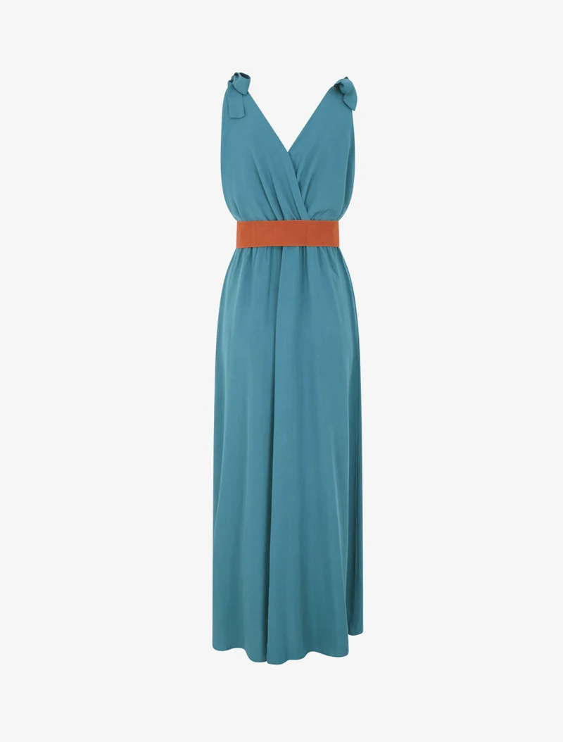 Langes Kleid mit Schleifen auf den Schultern - Entenblau