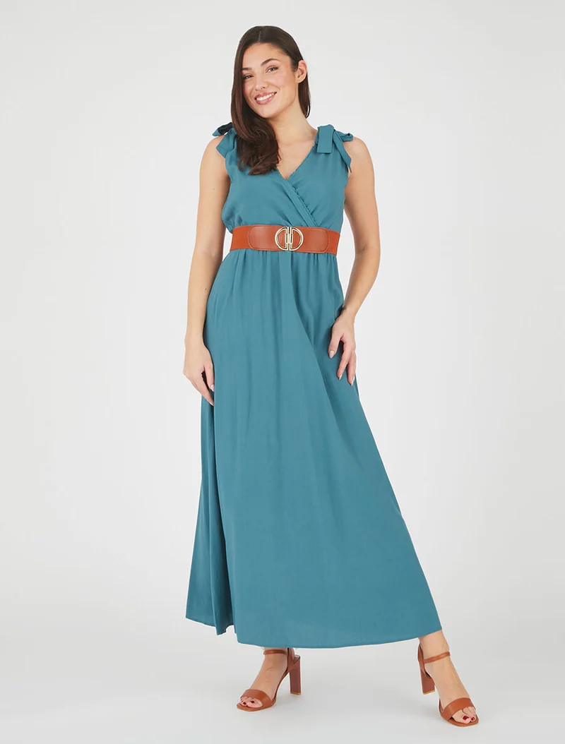 Langes Kleid mit Schleifen auf den Schultern - Entenblau