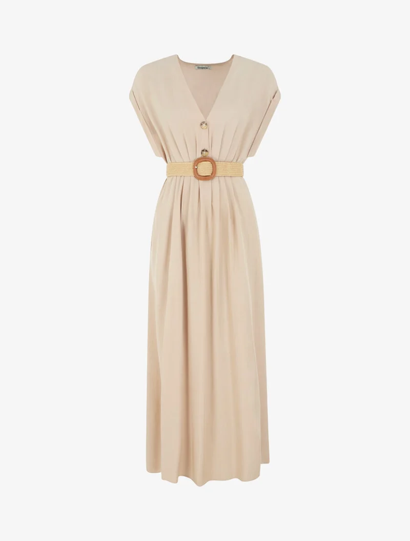 Langes unifarbenes elastisches Kleid - Beige