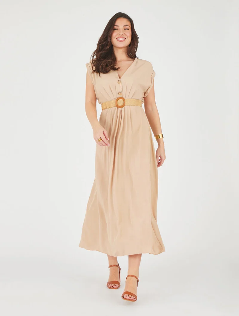 Langes unifarbenes elastisches Kleid - Beige