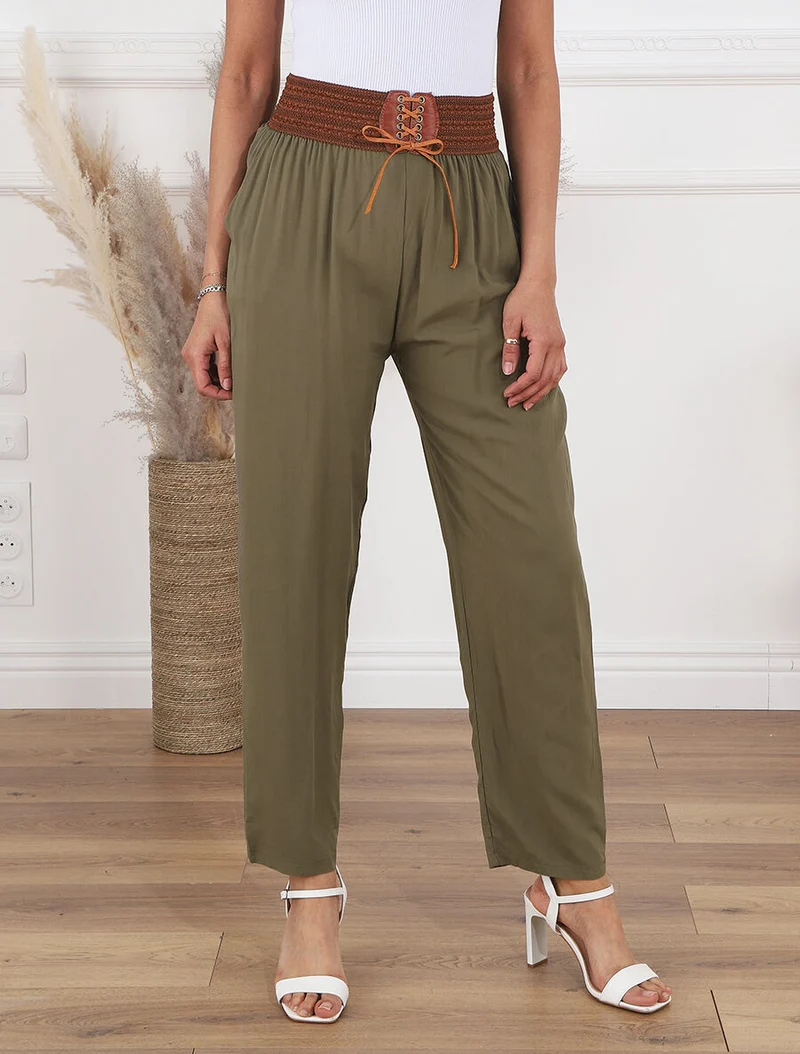 Fließende Hose mit hoher Taille im Korsettstil - Kaki