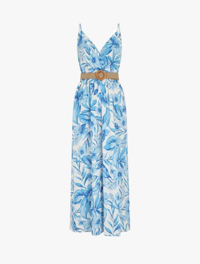 Langes Kleid mit großen Blumenmuster und Trägern - Blau