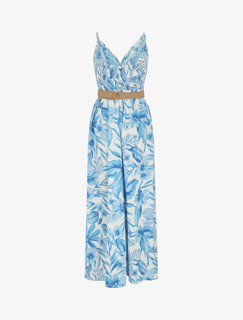 Langes Kleid mit großen Blumenmuster und Trägern - Blau
