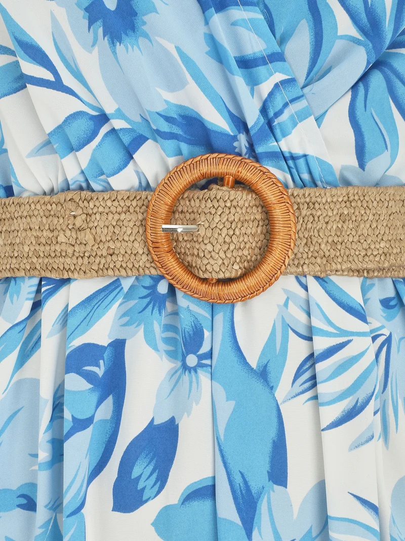 Langes Kleid mit großen Blumenmuster und Trägern - Blau
