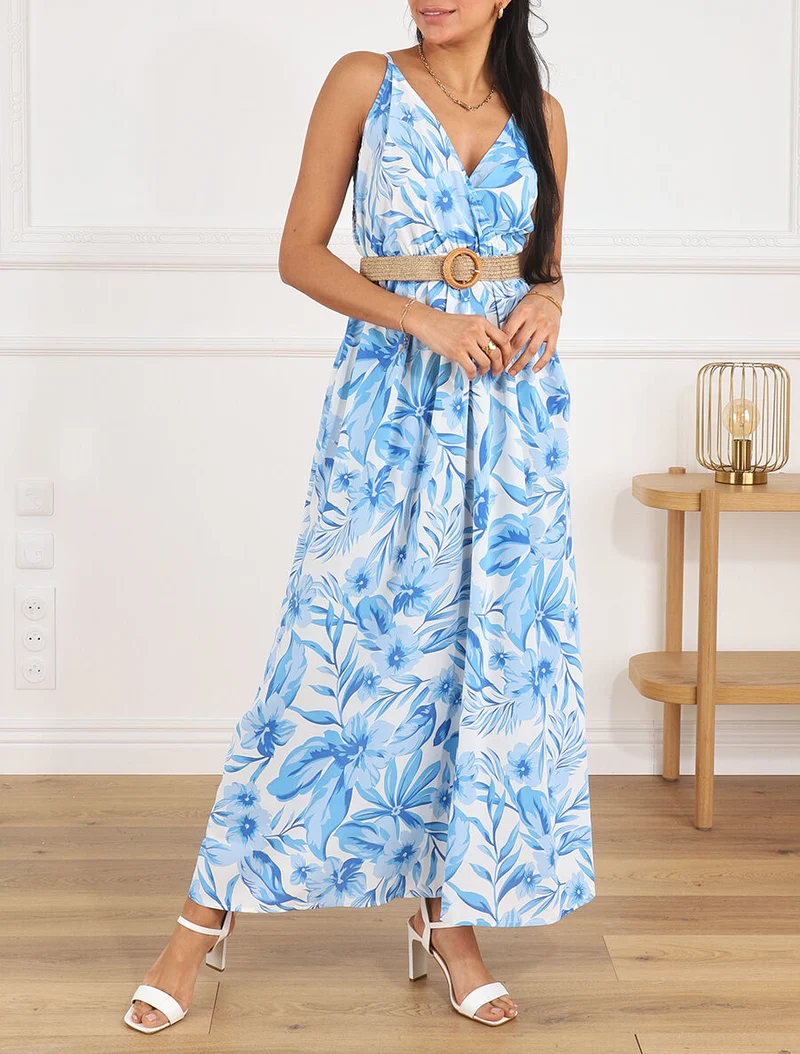 Langes Kleid mit großen Blumenmuster und Trägern - Blau