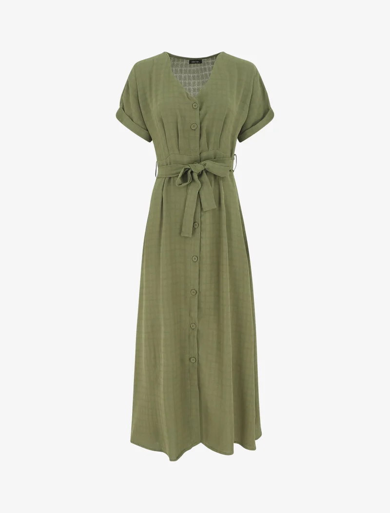 Einfarbiges langes Kleid mit Gürtel - Kaki