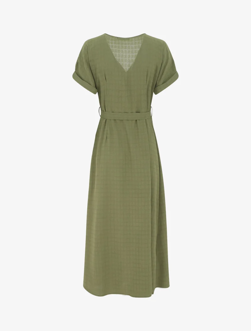 Einfarbiges langes Kleid mit Gürtel - Kaki