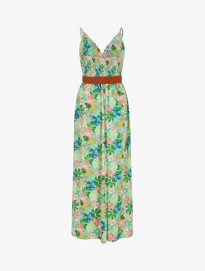 Langes Kleid mit Wildblättern bedruckt und Trägern - Grün