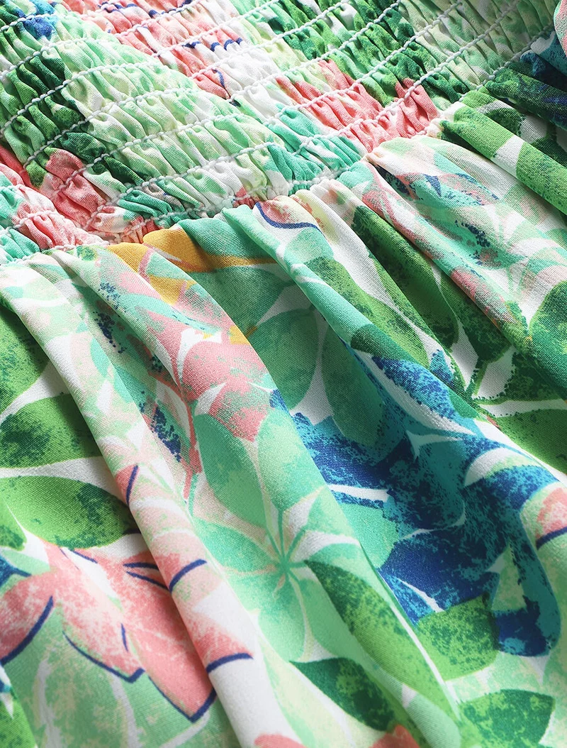 Langes Kleid mit Wildblättern bedruckt und Trägern - Grün