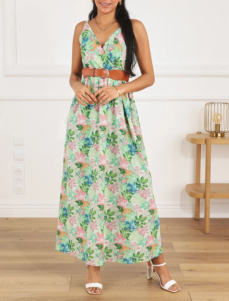 Langes Kleid mit Wildblättern bedruckt und Trägern - Grün