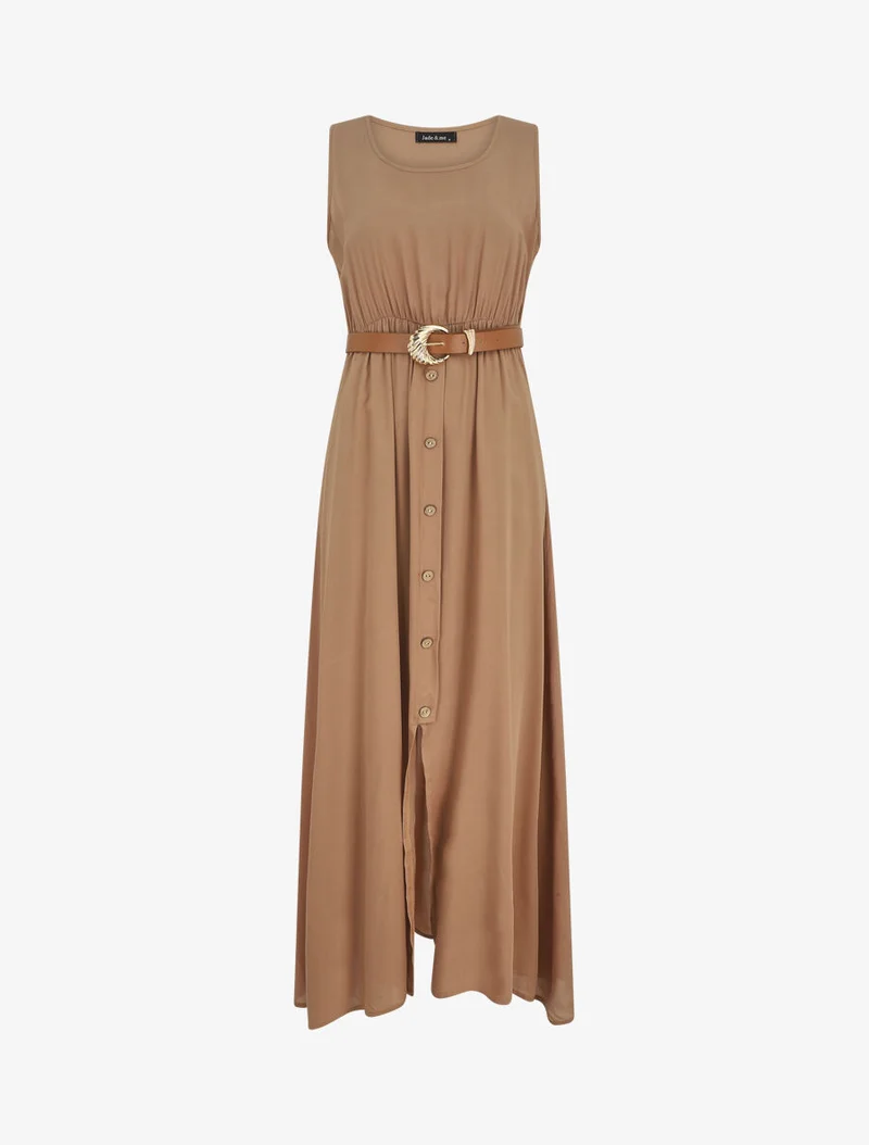 Ärmelloses, durchgeknöpftes, einfarbiges langes Kleid - Beige