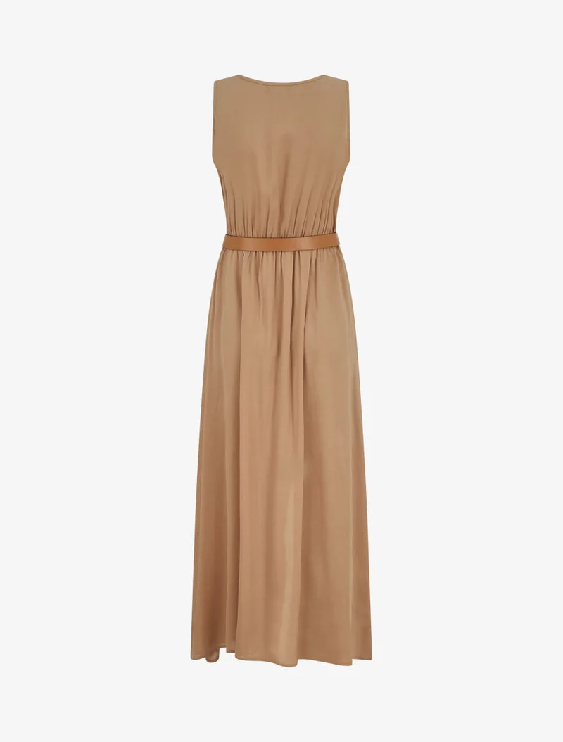 Ärmelloses, durchgeknöpftes, einfarbiges langes Kleid - Beige