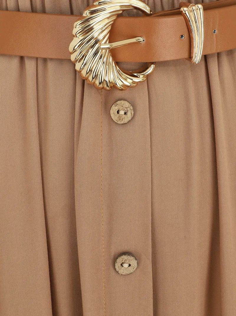 Ärmelloses, durchgeknöpftes, einfarbiges langes Kleid - Beige